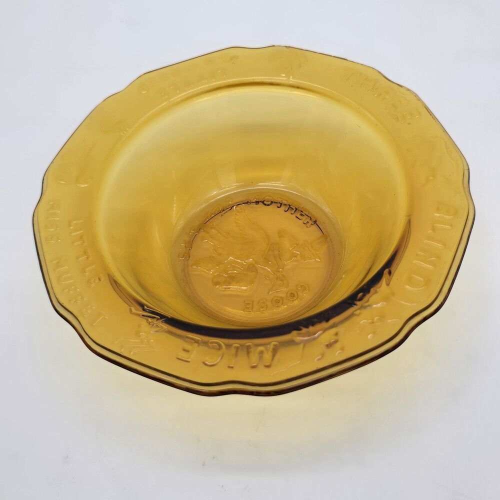 Vintage Tiara Glass Amber Glass Nursery Rhyme Set Cup Bowl FLAW - Picture 2 of 6